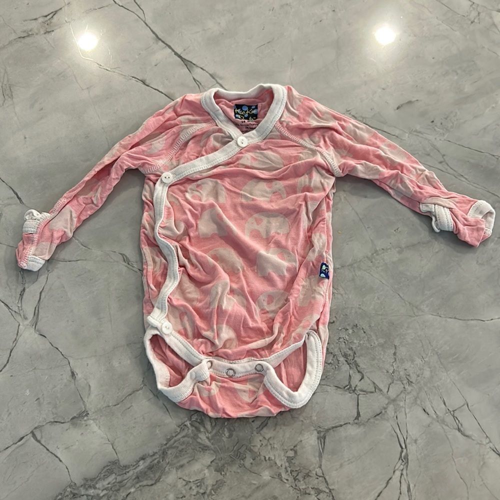 KicKee pants pink elephant print kimono wrap onesie 3-6M